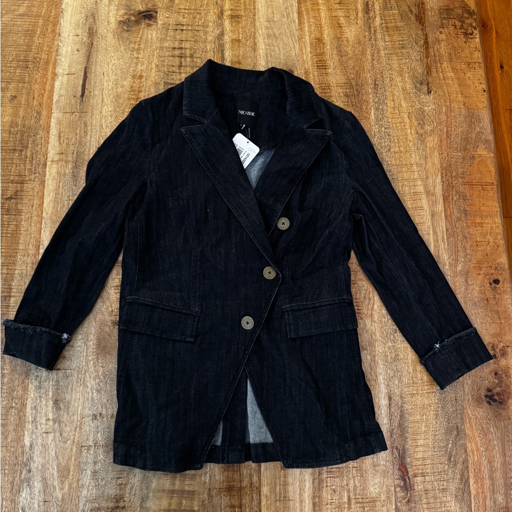 NIC + ZOE Women's dark blue jean Denim double breasted Blazer buttons NWT XS